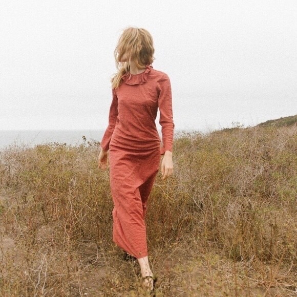 Doen Dresses & Skirts - DOEN Didion Maxi Dress Stain Rust Red Orange Ruffle Collar